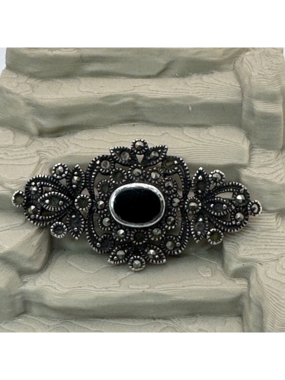 Art Deco Black Onyx Marcasite Vintage Sterling Silver Brooch Pin Victorian 2.25"